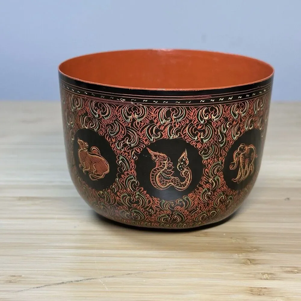 Vintage Burmese Lacquerware Bowls Cups 3- Pieces Burma Horsehair Bamboo Handmade